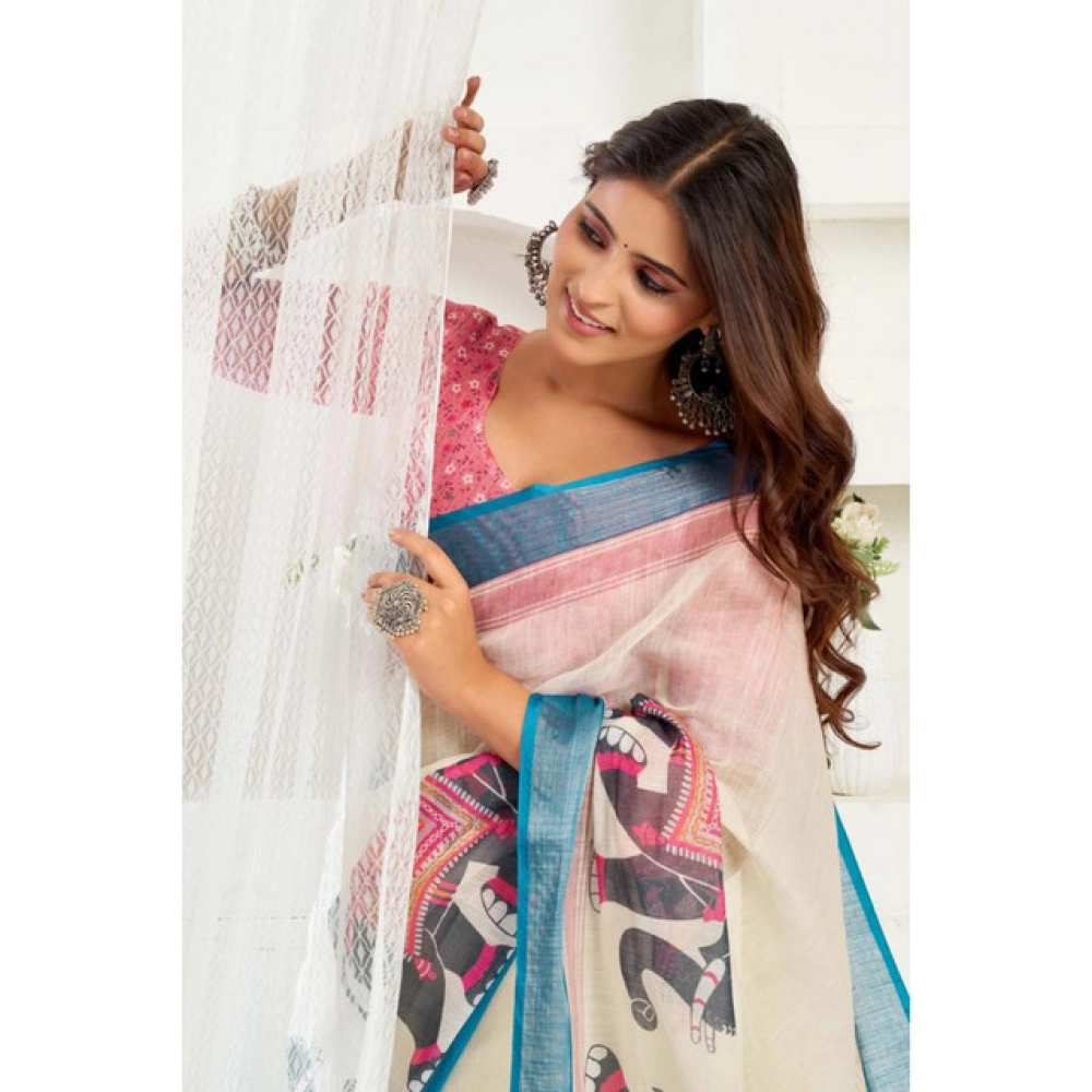 Generic Women's Linen Cotton Printed Ready To Wear Saree With Unstitched Blouse 5.5 Mtr (Cream)