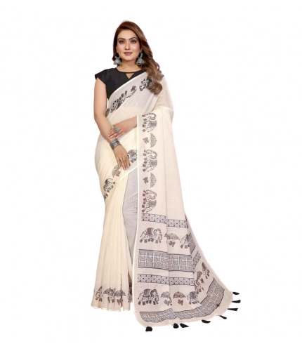 Generic Women's Linen Cotton Printed Saree With Unstitched Blouse 5.5Mtr (Off White)
