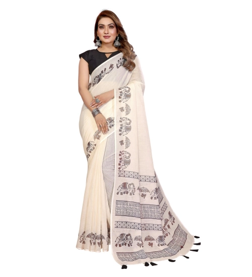Generic Women's Linen Cotton Printed Saree With Unstitched Blouse 5.5Mtr (Off White) Generic Women's Linen Cotton Printed Saree With Unstitched Blouse 5.5Mtr (Off White)