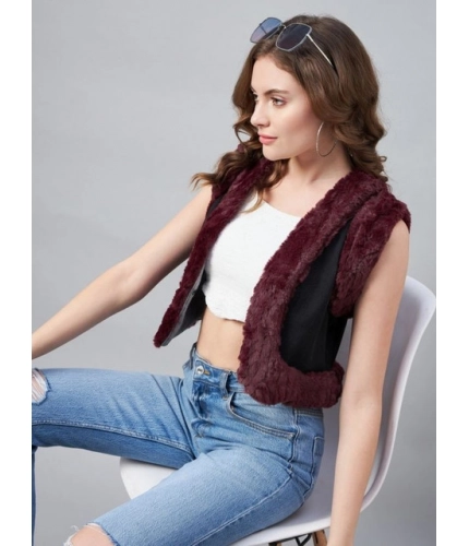 Generic Women's Denim And Fur Solid Sleeveless Shrug (Black - Maroon)