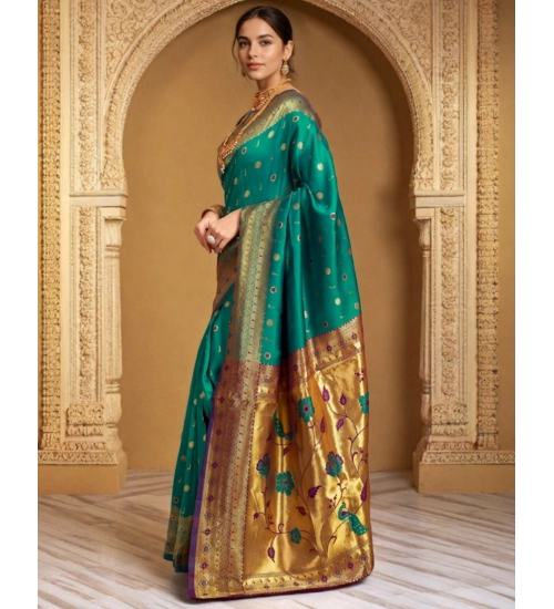 Generic Women's Silk Blend Zari Weaving Saree With Unstitched Blouse 5.5Mtr (Teal)