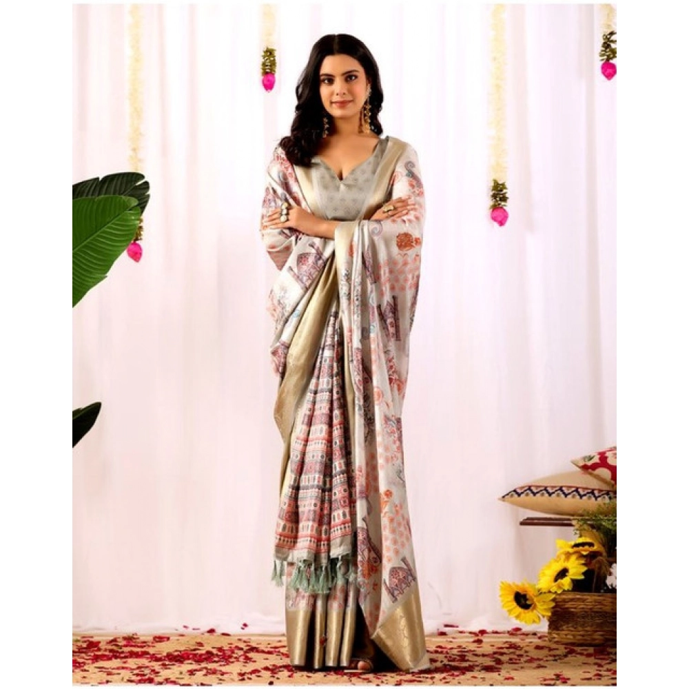 Generic Women's Faux_Silk Printed Saree With Unstitched Blouse 5.5Mtr (Grey)