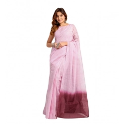 Generic Women's Linen Cotton Printed Ready To Wear With Pocket Saree With Unstitched Blouse 5.5 Mtr (Light_Pink)