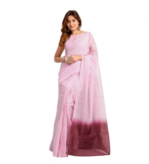 Generic Women's Linen Cotton Printed Ready To Wear With Pocket Saree With Unstitched Blouse 5.5 Mtr (Light_Pink)