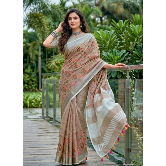 Generic Women's Linen Floral Embroidered Saree With Unstitched Blouse 5.5Mtr (Brown) Generic Women's Linen Floral Embroidered Saree With Unstitched Blouse 5.5Mtr (Brown)