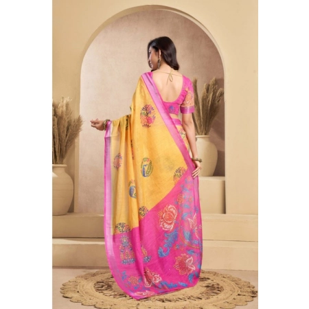 Generic Women's Faux_Linen Printed Ready-to-Wear Saree With Unstitched Blouse 5.5 Mtr (Yellow)