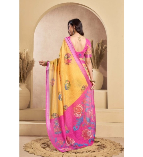 Generic Women's Faux_Linen Printed Ready-to-Wear Saree With Unstitched Blouse 5.5 Mtr (Yellow)