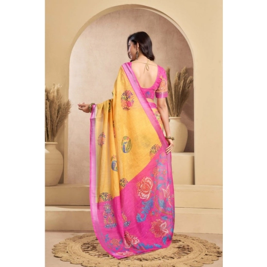 Generic Women's Faux_Linen Printed Ready-to-Wear Saree With Unstitched Blouse 5.5 Mtr (Yellow)