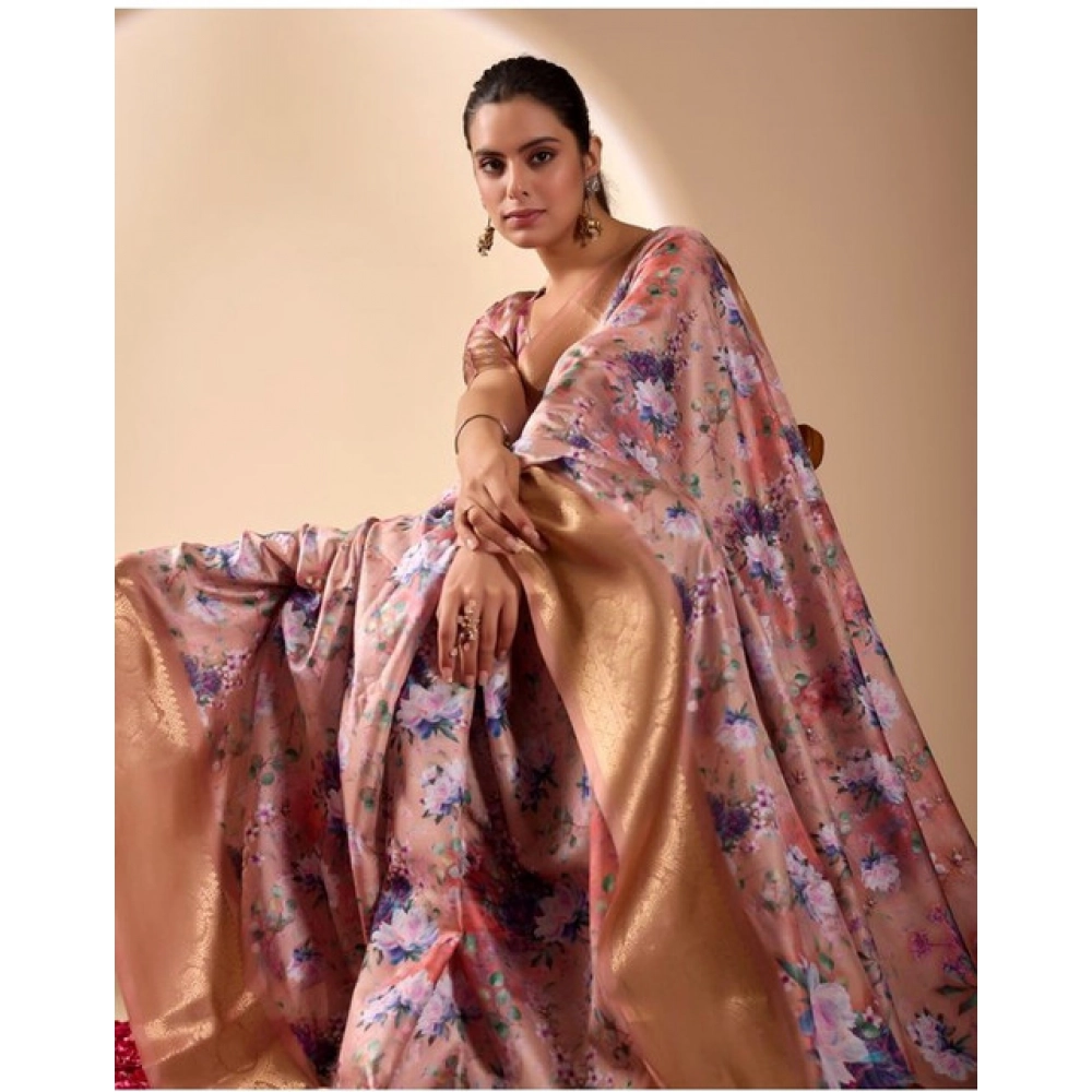 Generic Women's Faux_Silk Printed Saree With Unstitched Blouse 5.5Mtr (Peach)