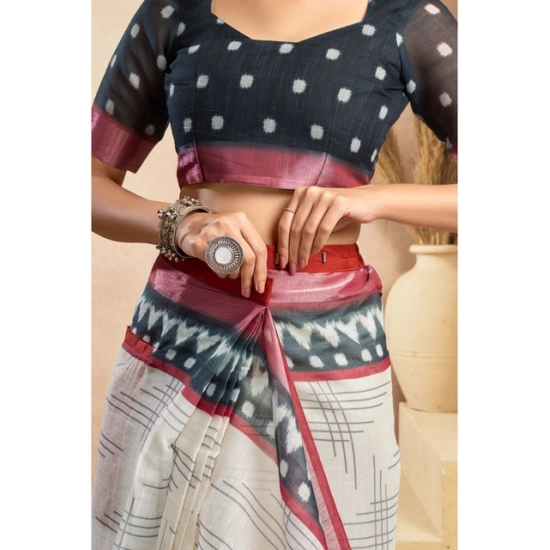 Generic Women's Linen Cotton Printed Ready To Wear Saree With Unstitched Blouse 5.5 Mtr (Off_White) Generic Women's Linen Cotton Printed Ready To Wear Saree With Unstitched Blouse 5.5 Mtr (Off_White)