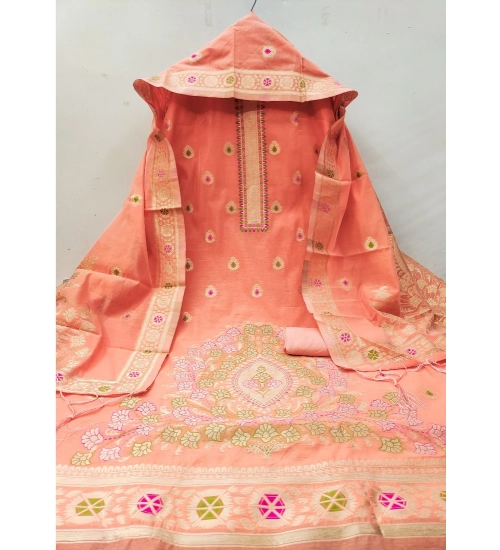 Generic Women's Banarasi Silk Printed Unstitched Salwar Suit Material With Dupatta (Peach, 3Mtrs)