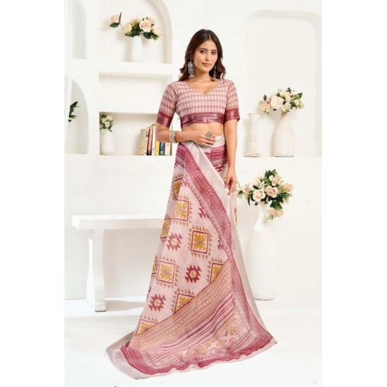 Generic Women's Linen Cotton Printed Ready To Wear Saree With Unstitched Blouse 5.5 Mtr (Maroon)
