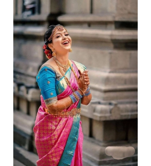 Generic Women's Litchi silk Printed Saree With Unstitched Blouse (Pink)