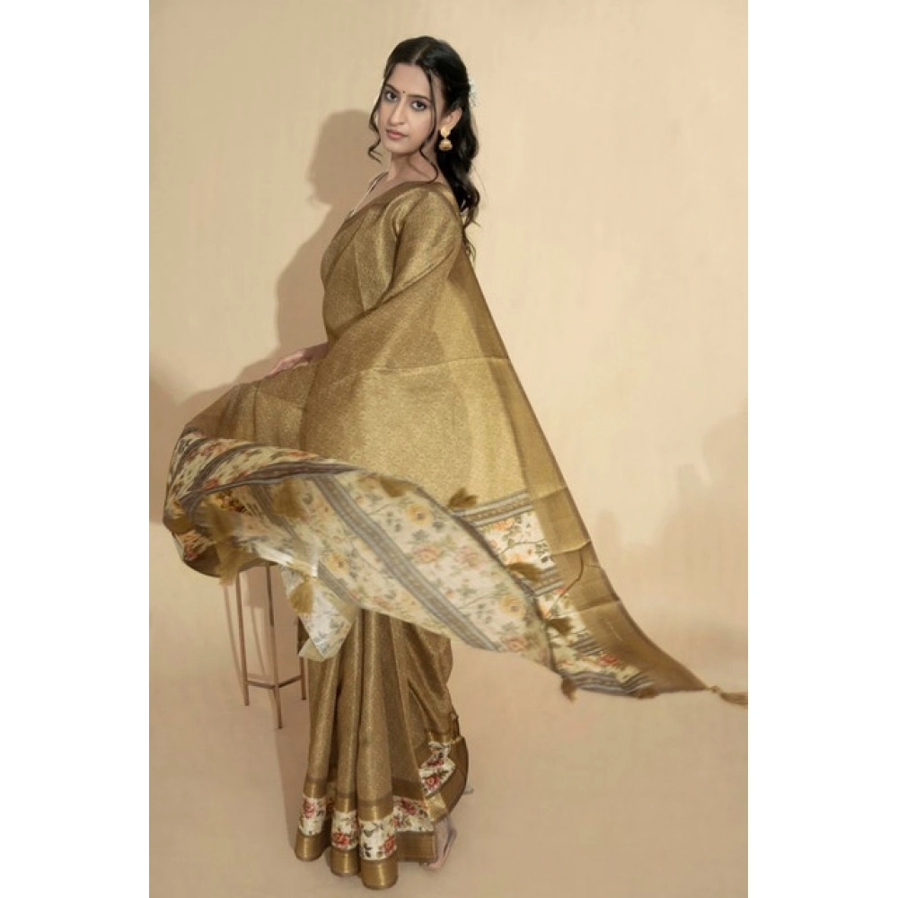 Women's Polyester Printed Saree With Unstitched Blouse 5.5 Mtr (Gold)