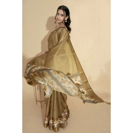 Generic Women's Polyester Printed Saree With Unstitched Blouse 5.5 Mtr (Gold)