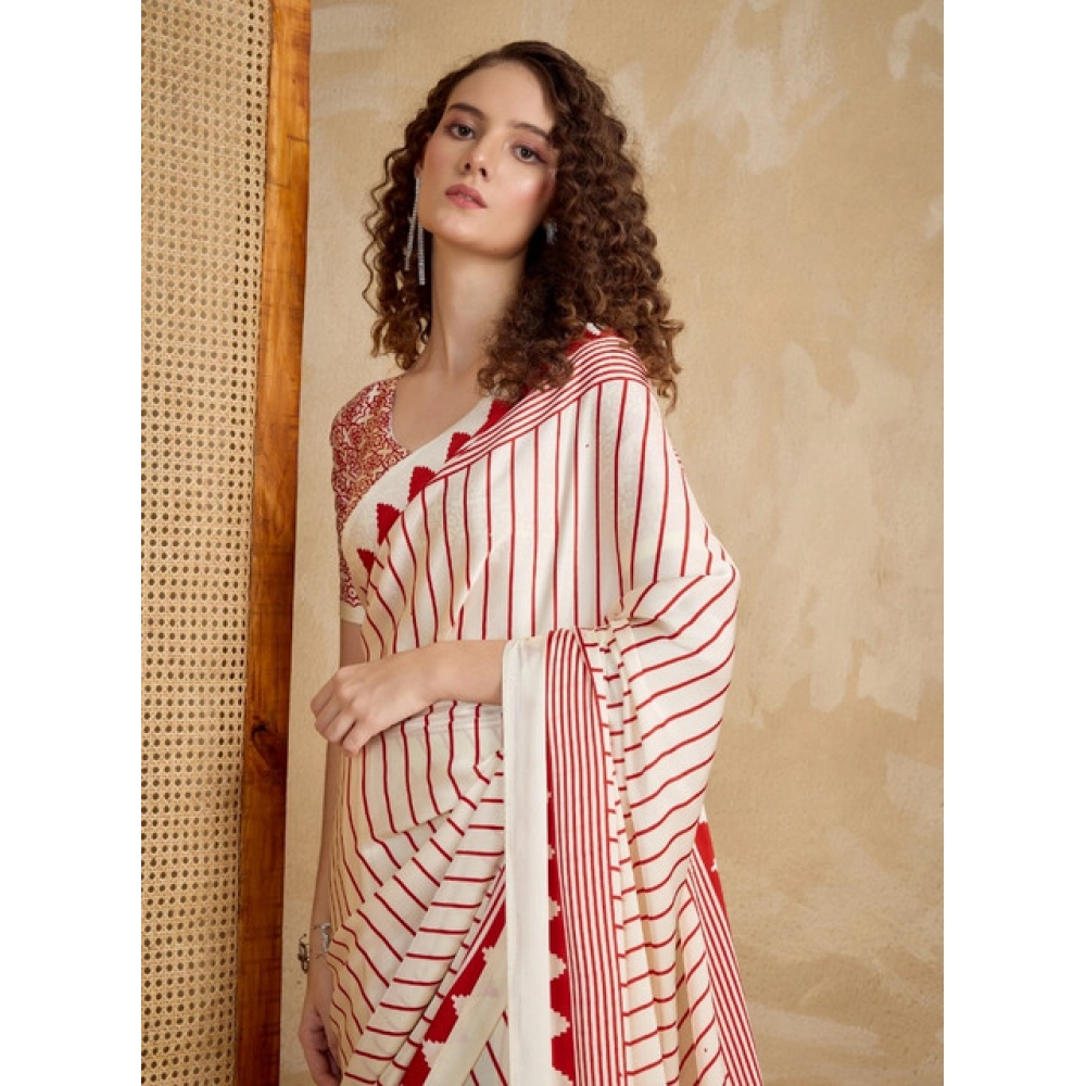 Generic Women's Satin Crepe Printed Saree With Unstitched Blouse 5.5Mtr (Off White)