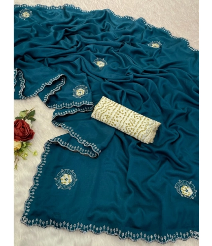Generic Women's Chiffon Butti Dotted Saree With Unstitched Blouse 5.5Mtr (Blue)