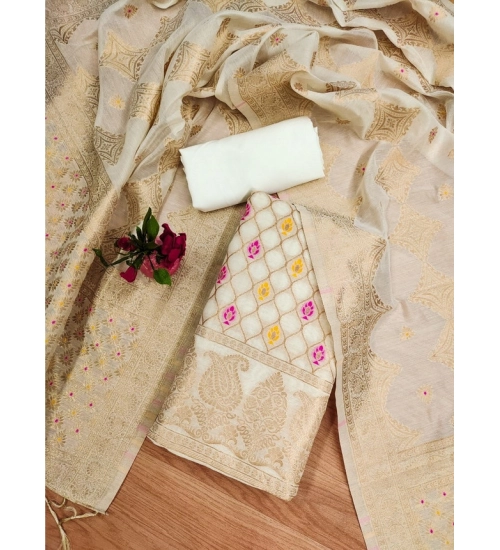 Generic Women's Banarasi Silk Printed Unstitched Salwar Suit Material With Dupatta (White, 3Mtrs)