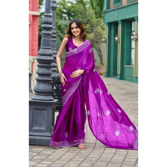 Generic Women's Faux Shimmer Floral Embroidery Ready to wear Saree With Unstitched Blouse 5.5Mtr (Purple) Generic Women's Faux Shimmer Floral Embroidery Ready to wear Saree With Unstitched Blouse 5.5Mtr (Purple)