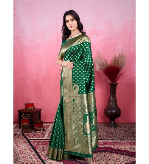Generic Women's Banarasi Silk Printed Saree With Unstitched Blouse 5.5Mtr (Green)