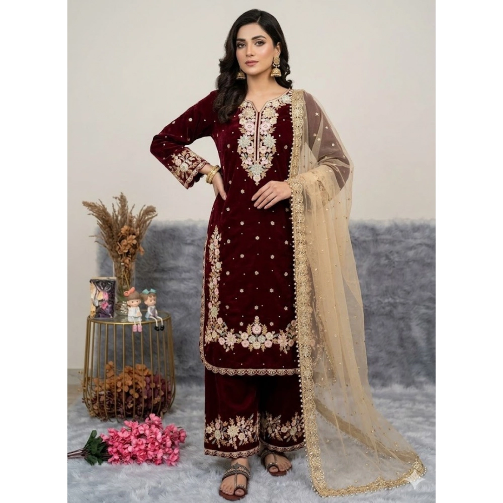 Generic Women's Silk Embroidered 3/4th Sleeve Round Kurti With Palazzo Pant and Dupatta Set (Maroon) Generic Women's Silk Embroidered 3/4th Sleeve Round Kurti With Palazzo Pant and Dupatta Set (Maroon)