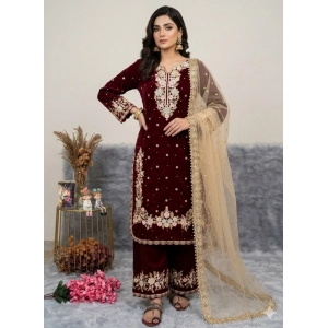 Generic Women's Silk Embroidered 3/4th Sleeve Round Kurti With Palazzo Pant and Dupatta Set (Maroon)