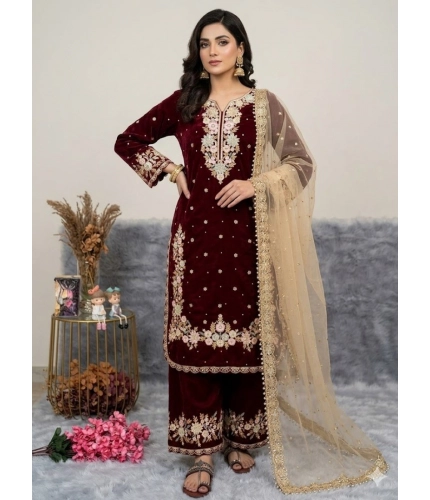 Generic Women's Silk Embroidered 3/4th Sleeve Round Kurti With Palazzo Pant and Dupatta Set (Maroon)