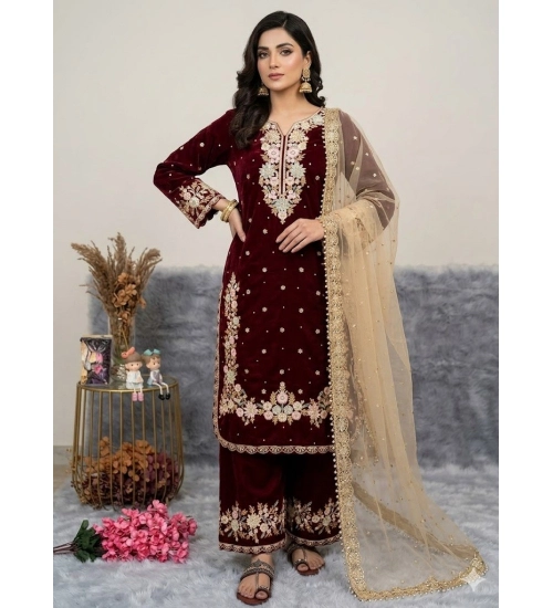 Generic Women's Silk Embroidered 3/4th Sleeve Round Kurti With Palazzo Pant and Dupatta Set (Maroon) Generic Women's Silk Embroidered 3/4th Sleeve Round Kurti With Palazzo Pant and Dupatta Set (Maroon)