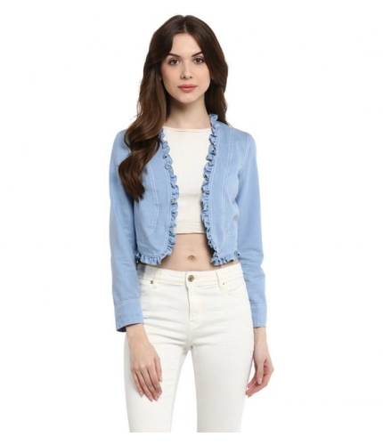 Generic Women's Denim Ruffled Long Sleeves Shrug (Blue)