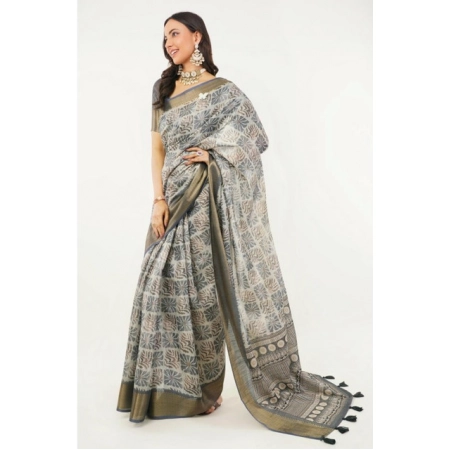 Generic Women's Polyester Printed Saree With Unstitched Blouse 5.5 Mtr (Grey)
