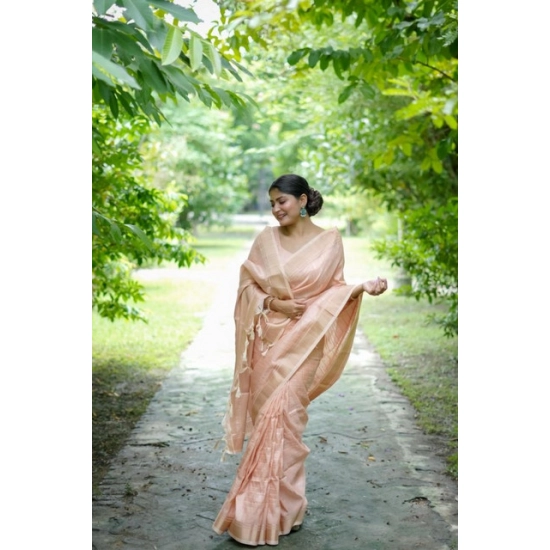 Generic Women's Faux_Banarasi Lining Pattern Saree With Unstitched Blouse 5.5Mtr (Peach) Generic Women's Faux_Banarasi Lining Pattern Saree With Unstitched Blouse 5.5Mtr (Peach)