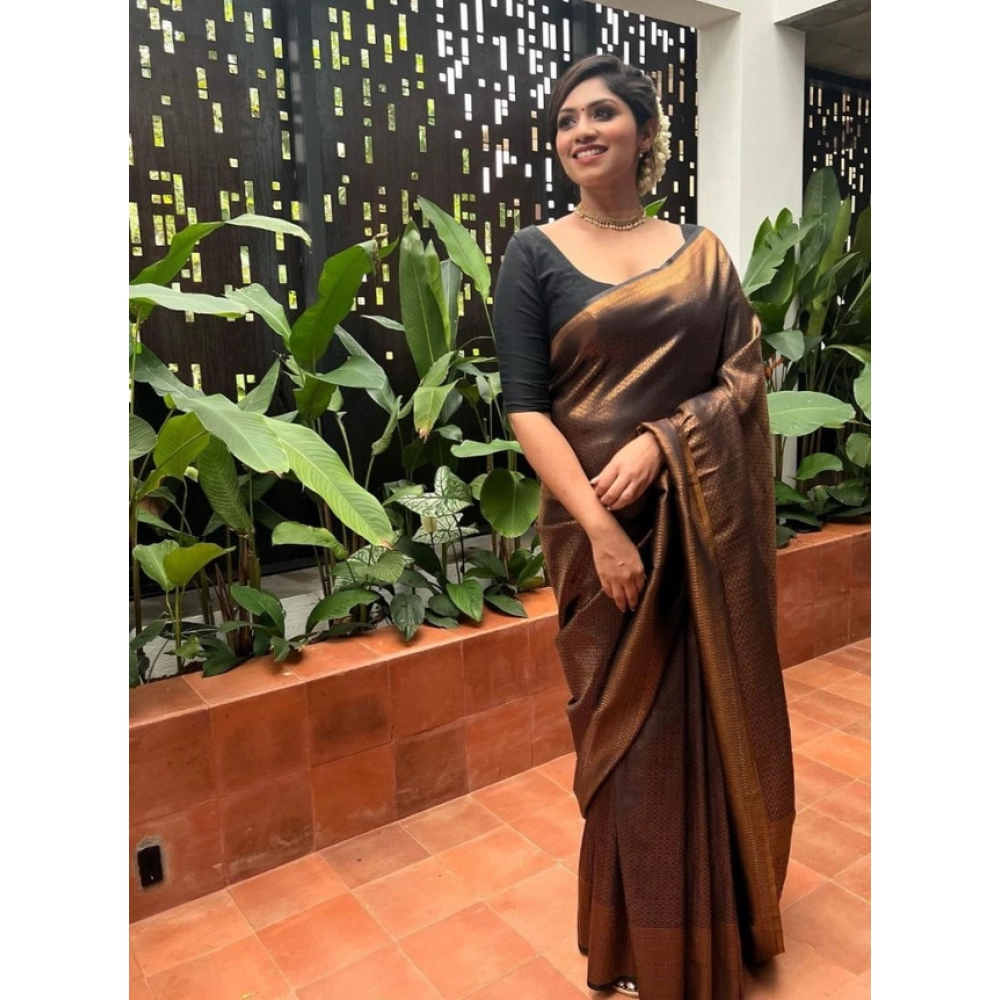 Generic Women's Litchi silk Printed Saree With Unstitched Blouse (Gold)