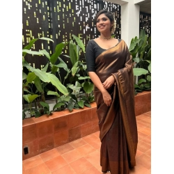 Generic Women's Litchi silk Printed Saree With Unstitched Blouse (Gold)
