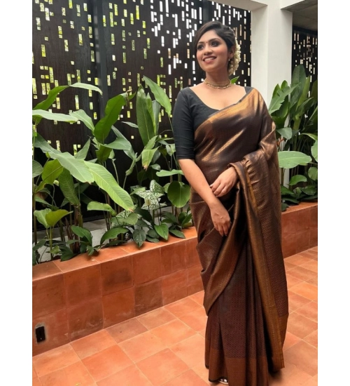 Generic Women's Litchi silk Printed Saree With Unstitched Blouse (Gold)