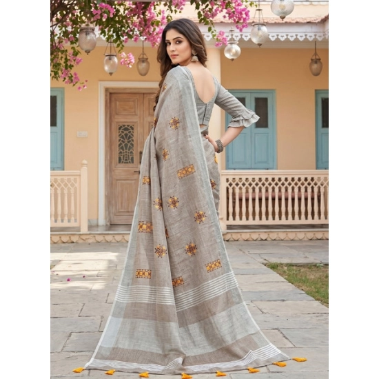 Generic Women's Linen Embroidered Saree With Unstitched Blouse 5.5Mtr (Light Beige) Generic Women's Linen Embroidered Saree With Unstitched Blouse 5.5Mtr (Light Beige)