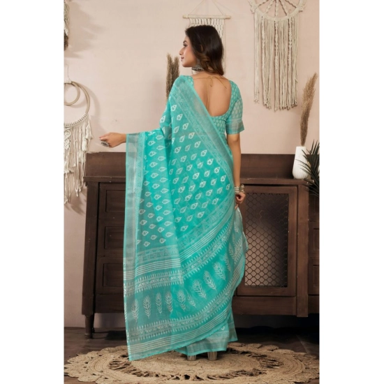 Generic Women's Linen Cotton Printed Ready To Wear Saree With Unstitched Blouse 5.5 Mtr (Sea_Green)