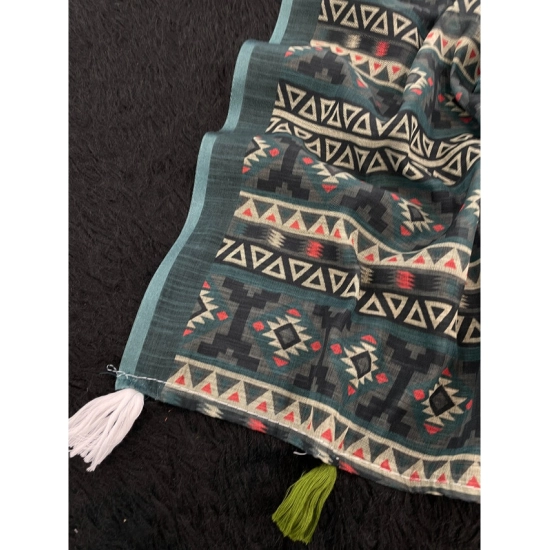 Generic Women's Linen Cotton  Printed Saree With Unstitched Blouse 5.5Mtr (Blue)