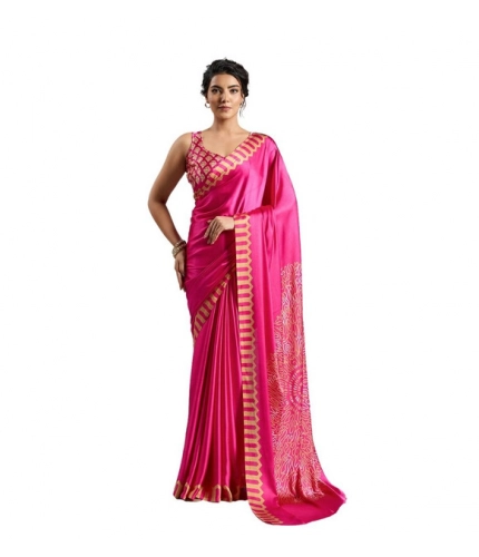 Generic Women's Satin Crepe Printed Saree With Unstitched Blouse 5.5Mtr (Pink)