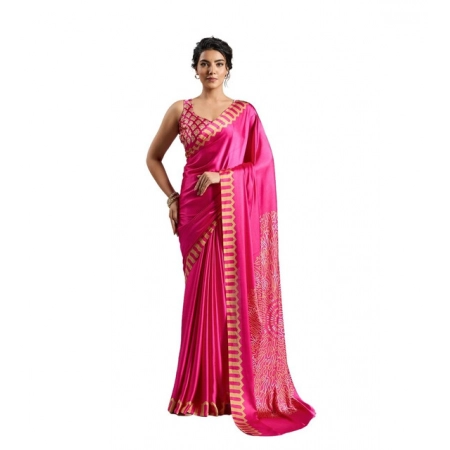 Generic Women's Satin Crepe Printed Saree With Unstitched Blouse 5.5Mtr (Pink)