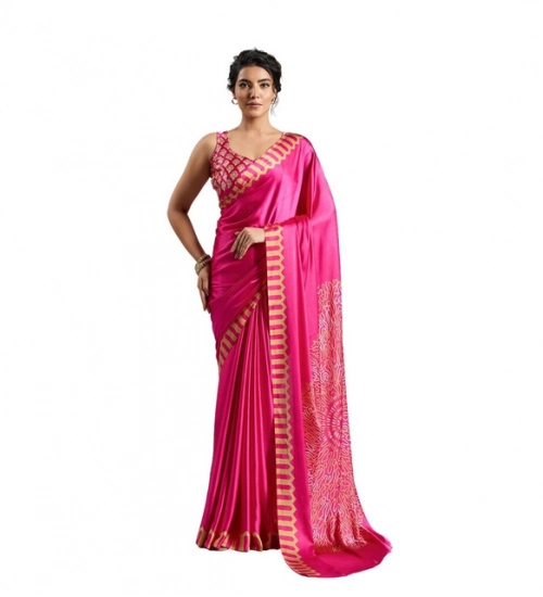 Generic Women's Satin Crepe Printed Saree With Unstitched Blouse 5.5Mtr (Pink)