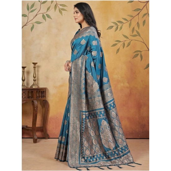 Generic Women's Silk Blend Printed Saree With Unstitched Blouse 5.5Mtr (Teal)