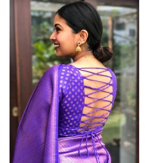 Generic Women's Litchi silk Printed Saree With Unstitched Blouse (Purple)