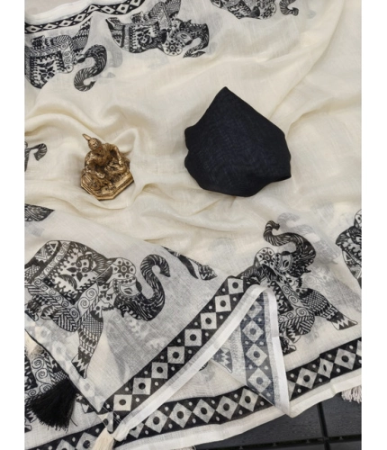 Generic Women's Linen Cotton Printed Saree With Unstitched Blouse 5.5Mtr (Cream & Black) Generic Women's Linen Cotton Printed Saree With Unstitched Blouse 5.5Mtr (Cream & Black)