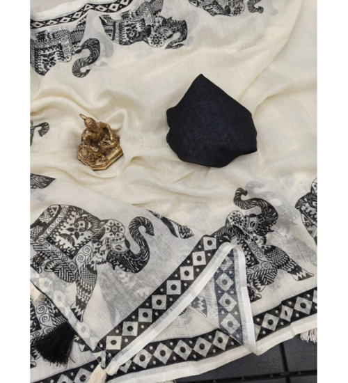 Generic Women's Linen Cotton Printed Saree With Unstitched Blouse 5.5Mtr (Cream &amp; Black)