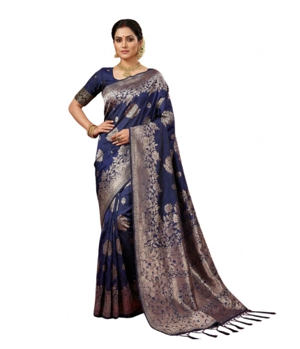 Generic Women's Silk Blend Printed Saree With Unstitched Blouse 5.5Mtr (Navy Blue)