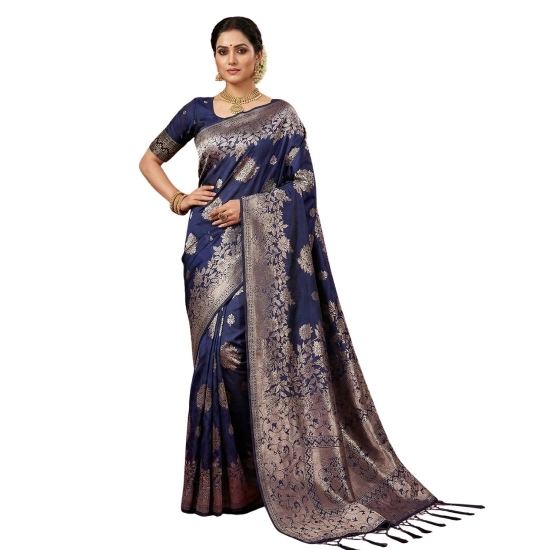 Generic Women's Silk Blend Printed Saree With Unstitched Blouse 5.5Mtr (Navy Blue)