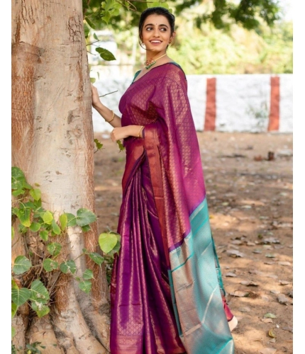 Generic Women's Soft Lichi Silk Printed Saree With Unstitched Blouse 5.5Mtr (Purple)