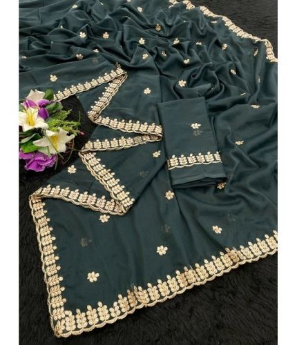 Generic Women's Georgette Embroidered Saree With Unstitched Blouse 5.5Mtr (Teal)