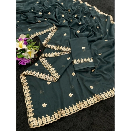 Generic Women's Georgette Embroidered Saree With Unstitched Blouse 5.5Mtr (Teal)