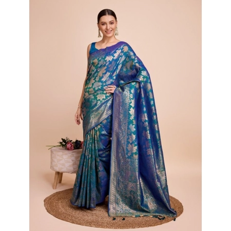 Generic Women's Soft Silk Jacquard Saree With Unstitched Blouse 5.5Mtr (Blue)